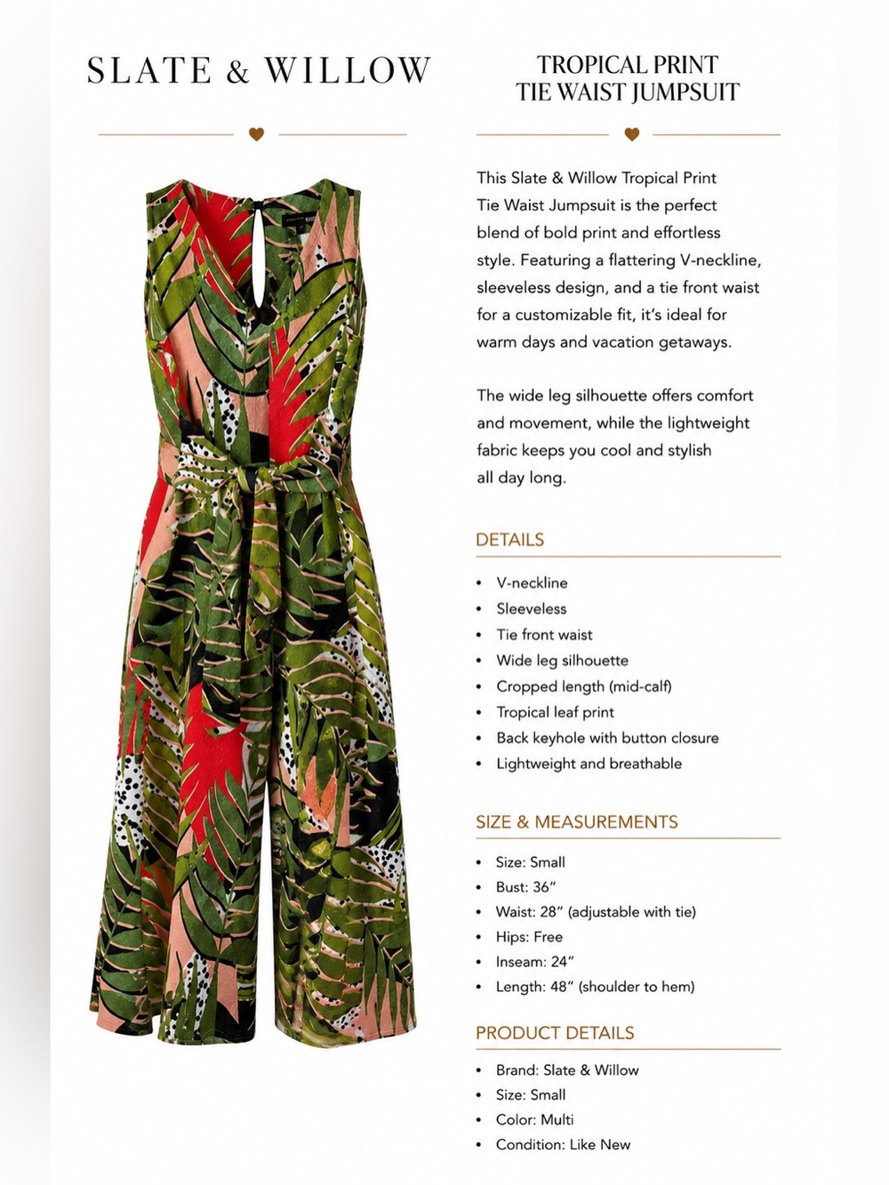 Slate & Willow Tropical Leaf Tie-Waist Jumpsuit — Green & Coral Multi